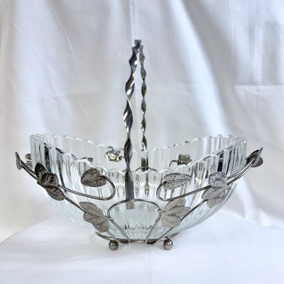 Vintage Clear Glass Basket Bowl w/ Silver Plated Metal Handle & Leaf Design 9.5 - Picture 1 of 14